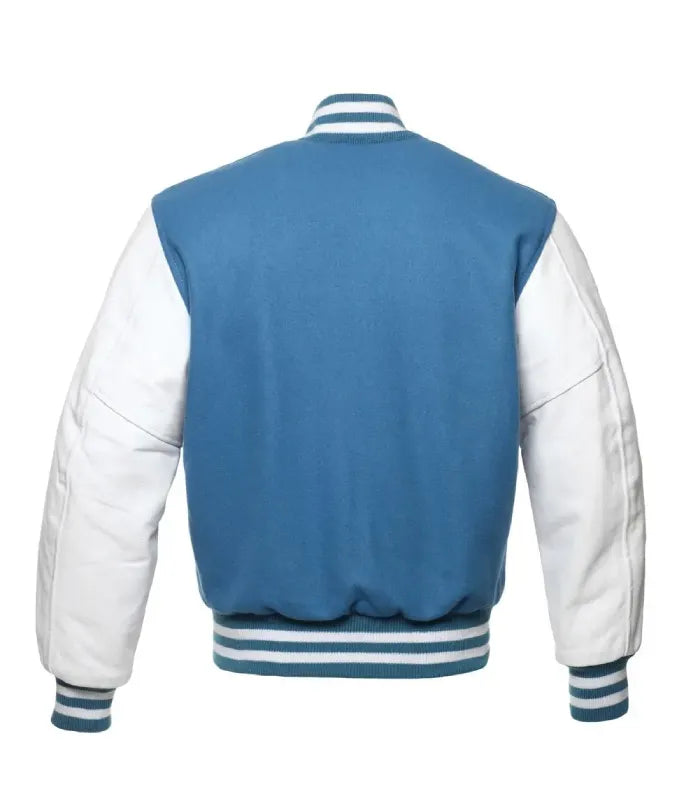 Full back view of light blue wool body paired with crisp white leather sleeves and striped rib-knit hem.