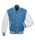 A classic varsity jacket with a medium blue body and white sleeves, featuring white buttons, ribbed blue and white trim, and a stand collar.