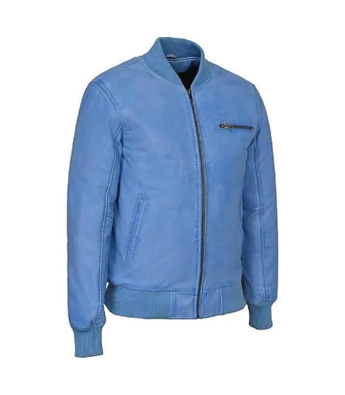 Three-quarter angle view of a light blue leather bomber jacket displaying side welt pockets and zip closure.