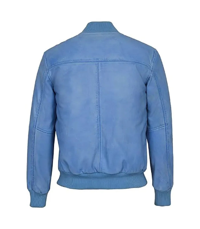 Back view of a light blue leather bomber jacket featuring clean back yoke stitching and a ribbed collar.