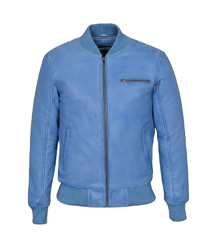 A light blue leather bomber jacket with a full-zip front, ribbed collar, cuffs, and hem, and a zippered chest pocket shown on a plain white background.