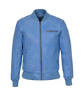 A light blue leather bomber jacket with a full-zip front, ribbed collar, cuffs, and hem, and a zippered chest pocket shown on a plain white background.