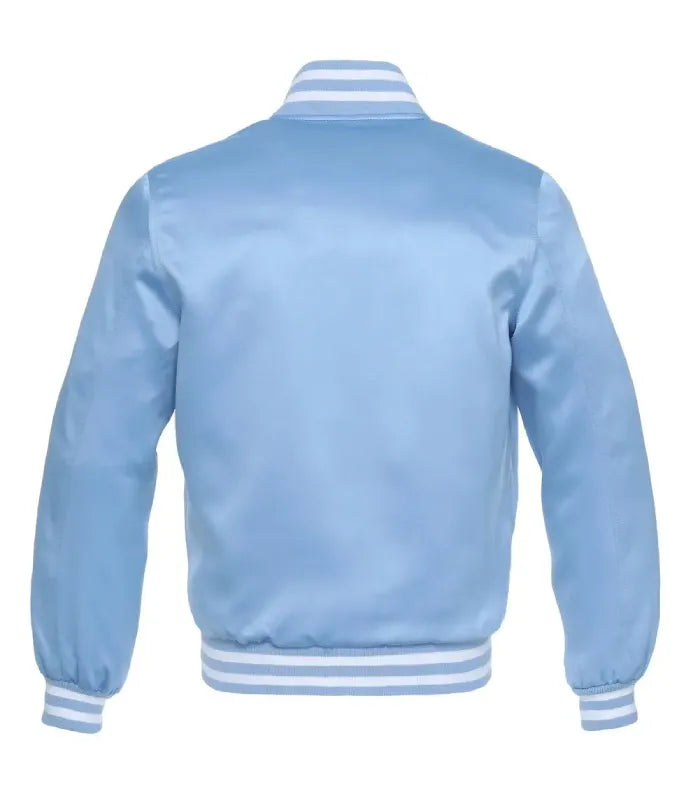 Rear view of a light blue satin varsity jacket showcasing smooth satiny back finish with white striped rib-knit collar, cuffs, and hem waistband.