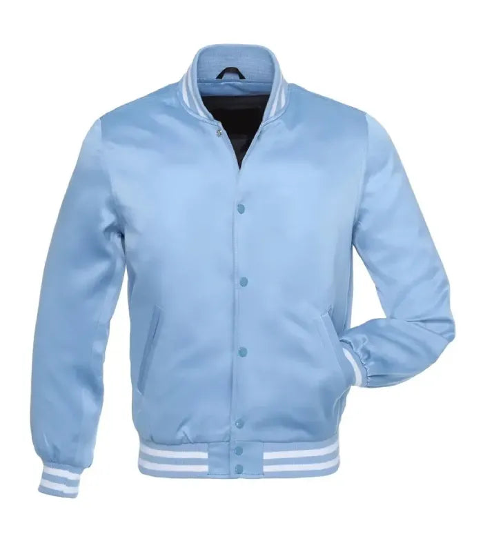 Front view of a light blue satin varsity jacket featuring snap-button closure, side welt pockets, and white striped rib-knit trims.