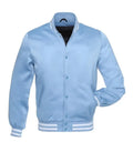 Front view of a light blue satin varsity jacket featuring snap-button closure, side welt pockets, and white striped rib-knit trims.