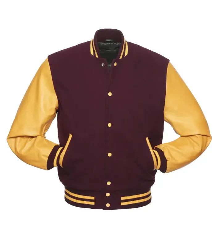 Front profile showing yellow-gold leather pocket welts, gold snap buttons, and maroon wool front panel.