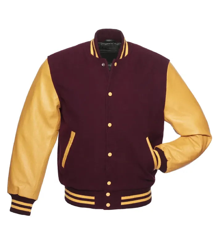 Direct front perspective of maroon varsity jacket featuring genuine gold leather sleeves and matching striped collar and hem.
