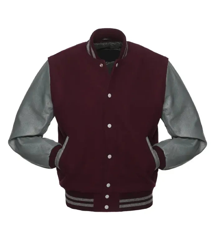 Front profile showing grey leather pocket welts, silver snap buttons, and maroon wool front panel.