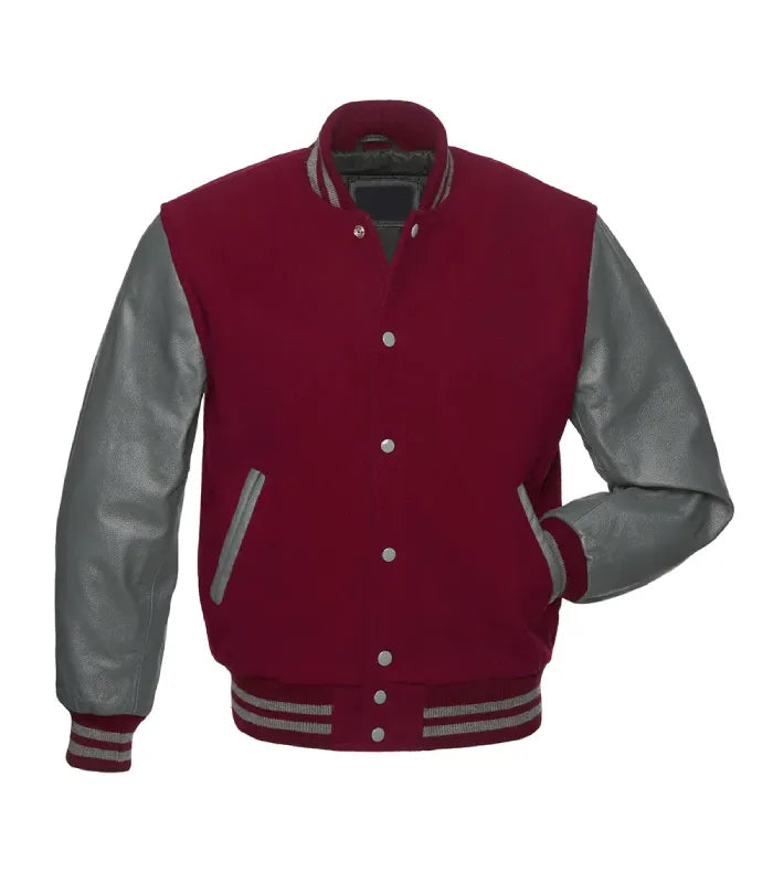Direct front perspective of maroon letterman jacket with slate grey leather sleeves and matching striped rib-knit collar.