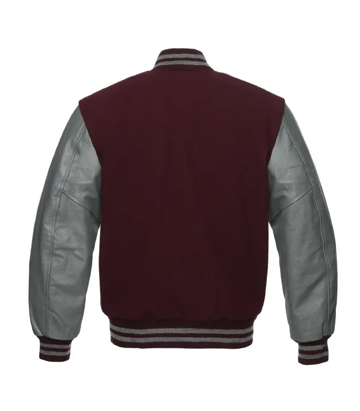Full back view of deep maroon wool body featuring grey leather sleeves and striped rib-knit trim.