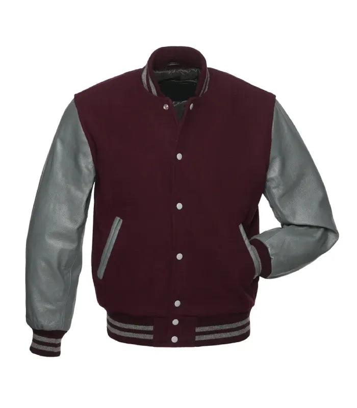 Direct front perspective of maroon varsity jacket with slate grey leather arms and matching striped ribbing.