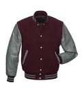 Direct front perspective of maroon varsity jacket with slate grey leather arms and matching striped ribbing.