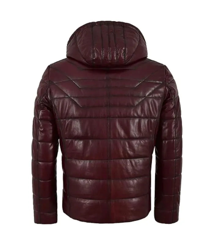 Rear view of a Maroon Hooded Leather Puffer Jacket displaying horizontal quilted panels with chevron shoulder stitching and a full-coverage leather hood.