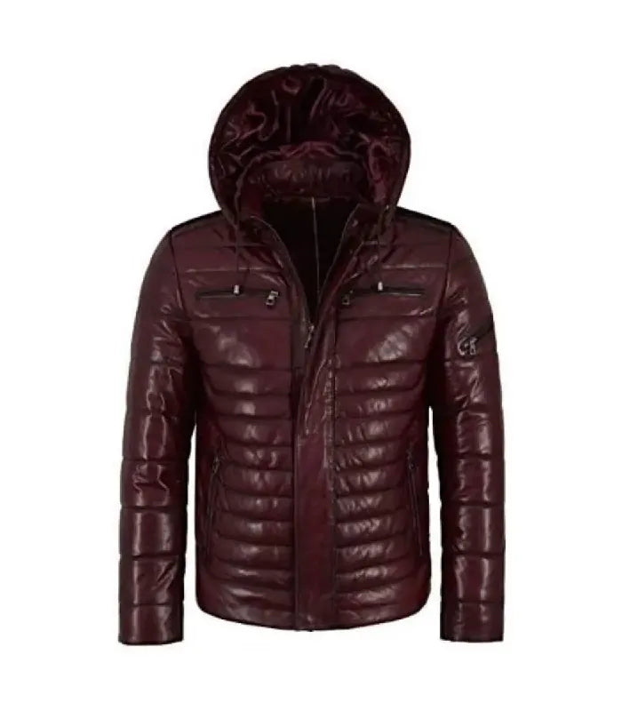 Front view of a Maroon Hooded Leather Puffer Jacket showing a full zip closure with protective placket, fitted hood, dual zipper chest pockets, and horizontal quilted baffles.