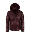 Front view of a Maroon Hooded Leather Puffer Jacket showing a full zip closure with protective placket, fitted hood, dual zipper chest pockets, and horizontal quilted baffles.