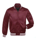 Front view of a maroon satin varsity jacket featuring snap-button closure, side welt pockets, and white striped rib-knit collar and hem.
