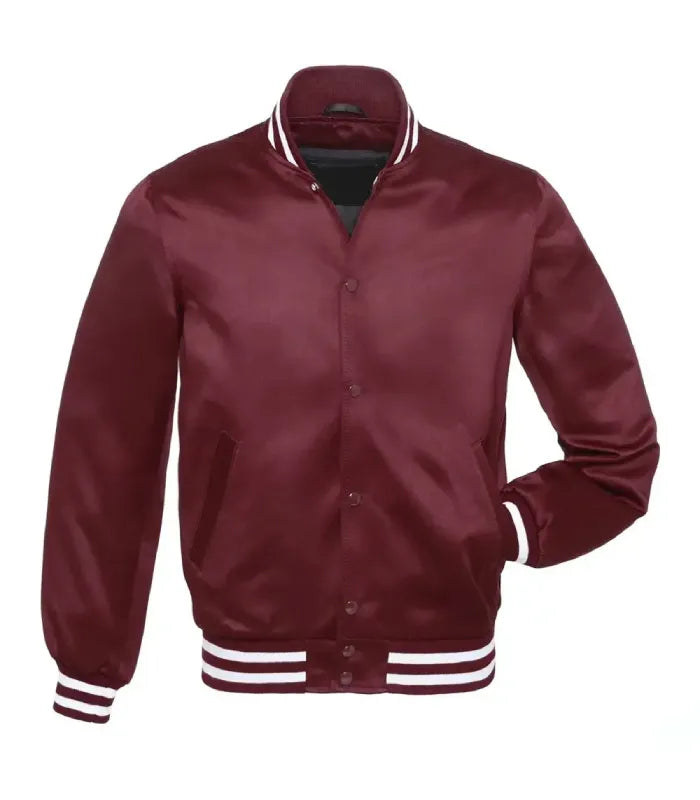 Front view of a maroon satin varsity jacket featuring snap-button closure, side welt pockets, and white striped rib-knit collar and hem.