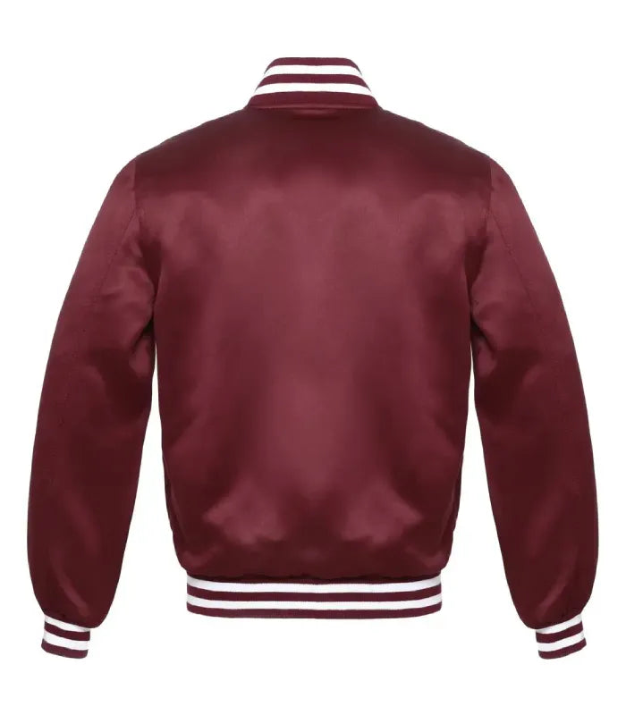A maroon satin varsity jacket shown from the back, featuring white stripes on the collar, cuffs, and hem, set against a plain white background.