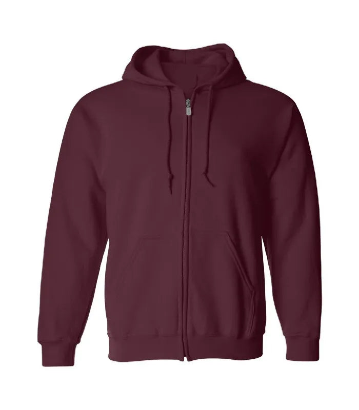 Front view of maroon zipper hoodie featuring a full zipper closure, matching drawstrings, split kangaroo pockets, and ribbed cuffs.