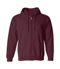 Front view of maroon zipper hoodie featuring a full zipper closure, matching drawstrings, split kangaroo pockets, and ribbed cuffs.