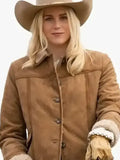 Marshals Ellyn Jameson suede jacket front view showing the collar, button closure, and warm cuffs