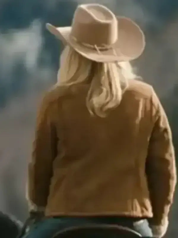 Marshals Ellyn Jameson inspired suede jacket back view with a brown western cut and straight hem