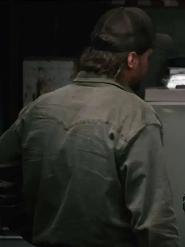 Marshals Luke Grimes grey shirt back view showing the western shoulder yoke, long sleeves, and relaxed fit