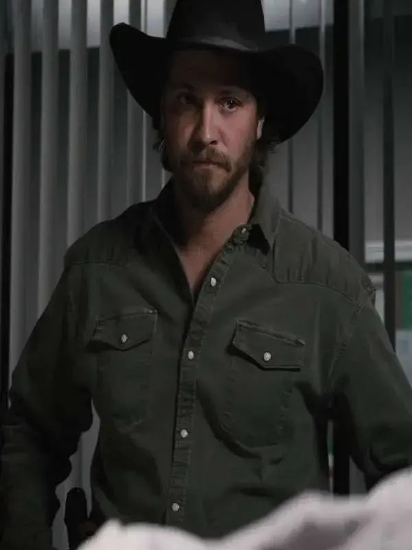 Marshals Luke Grimes inspired grey shirt front look with a cowboy hat, snap buttons, and dual chest pockets