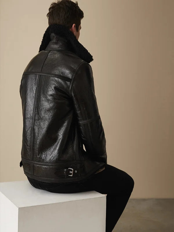 Men Black Shearling Bomber Leather Jacket