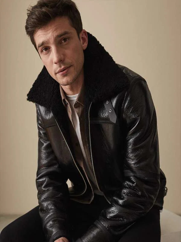 Men Black Shearling Bomber Leather Jacket