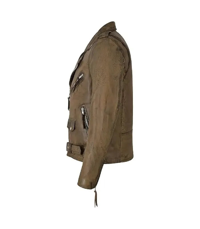 Side profile view of men's distressed bronze brown leather biker jacket highlighting sleeve zipper pulls and waist belt.