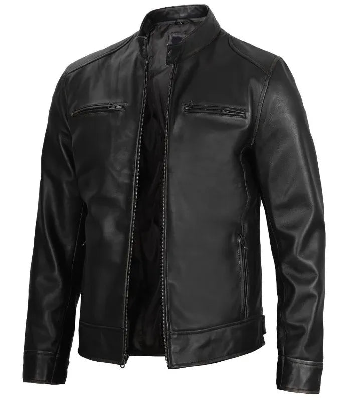Right-side angled view of men's black leather cafe racer jacket with chest zip pockets and snap collar.