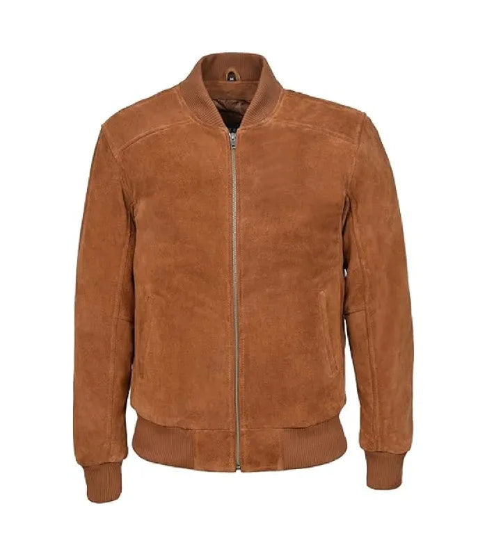 Front view of men's tan suede leather bomber jacket with zip closure, rib-knit collar, and side welt pockets.
