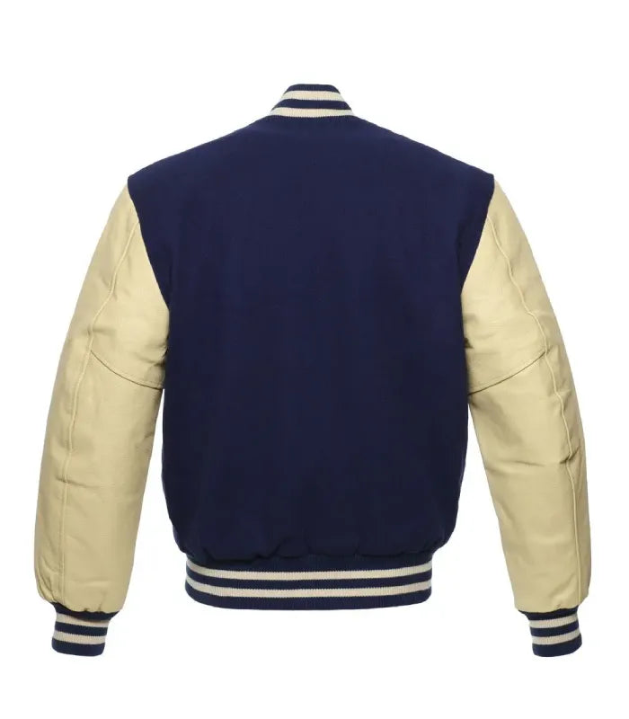 Full rear shot of dark navy wool jacket paired with contrast cream leather sleeves and striped ribbing.