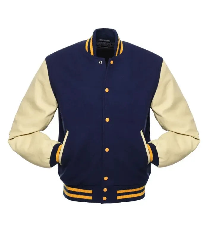 Front shot showing cream leather slash pocket trim, bright yellow-gold front buttons, and navy wool body.