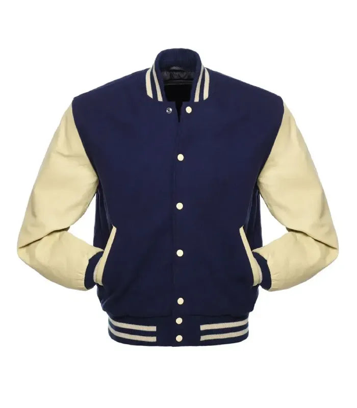 Front angle highlighting off-white front snap buttons, cream leather pocket piping, and dark navy body wool.