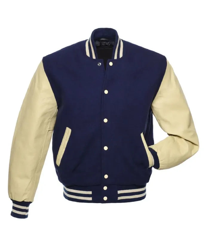 A varsity-style jacket with a navy blue body and cream-colored sleeves, ribbed collar, cuffs, and hem, featuring cream buttons and side pockets.