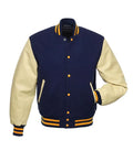 Straight front view of navy letterman jacket with cream genuine leather sleeves and gold contrast striped collar.