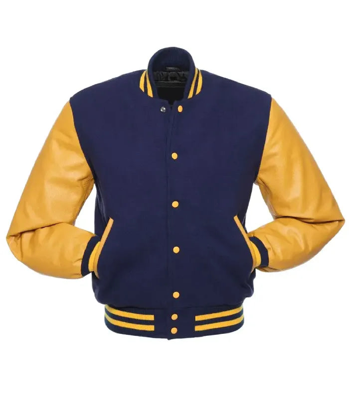 Front profile showing gold leather pocket welts, yellow snap closures, and dark navy wool front panel.