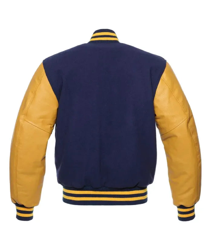 Full back view of deep navy wool body paired with yellow-gold leather sleeves and striped rib-knit hem.