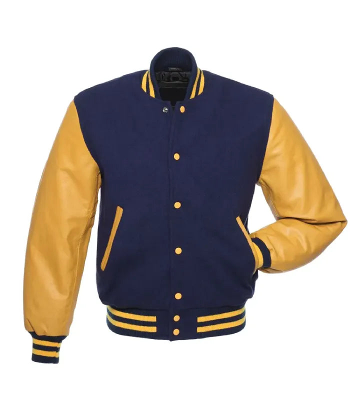 A varsity-style jacket with a navy blue body and mustard yellow leather-look sleeves, buttons, and striped ribbing, shown on a plain white background.