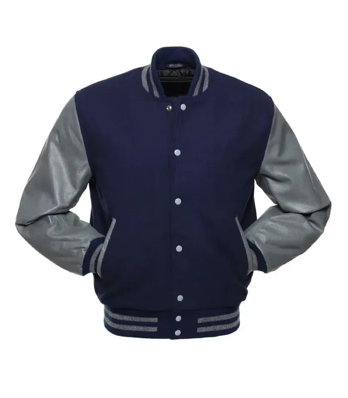 Front profile showing grey leather pocket welts, light grey snap buttons, and navy wool front panel.