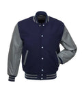 A navy blue and gray varsity jacket with a button-up front, ribbed collar, cuffs, and hem, and gray leather-look sleeves, shown on a plain white background.