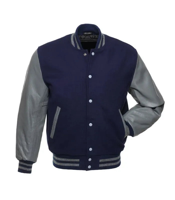 A navy blue and gray varsity jacket with a button-up front, ribbed collar, cuffs, and hem, and gray leather-look sleeves, shown on a plain white background.
