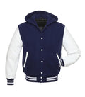 Direct front perspective of navy hooded varsity jacket with white leather sleeves and matching striped rib-knit hem.