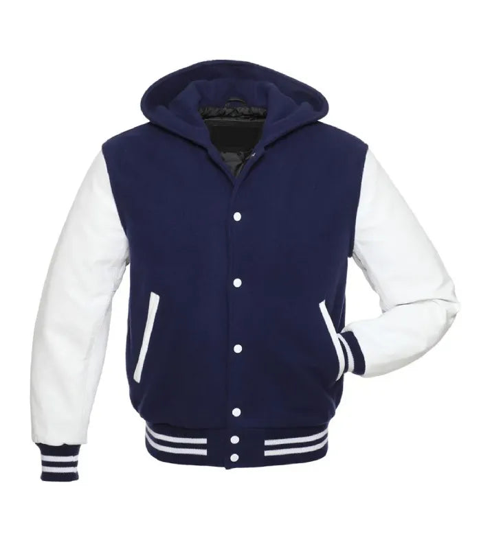 Direct front perspective of navy hooded varsity jacket with white leather sleeves and matching striped rib-knit hem.