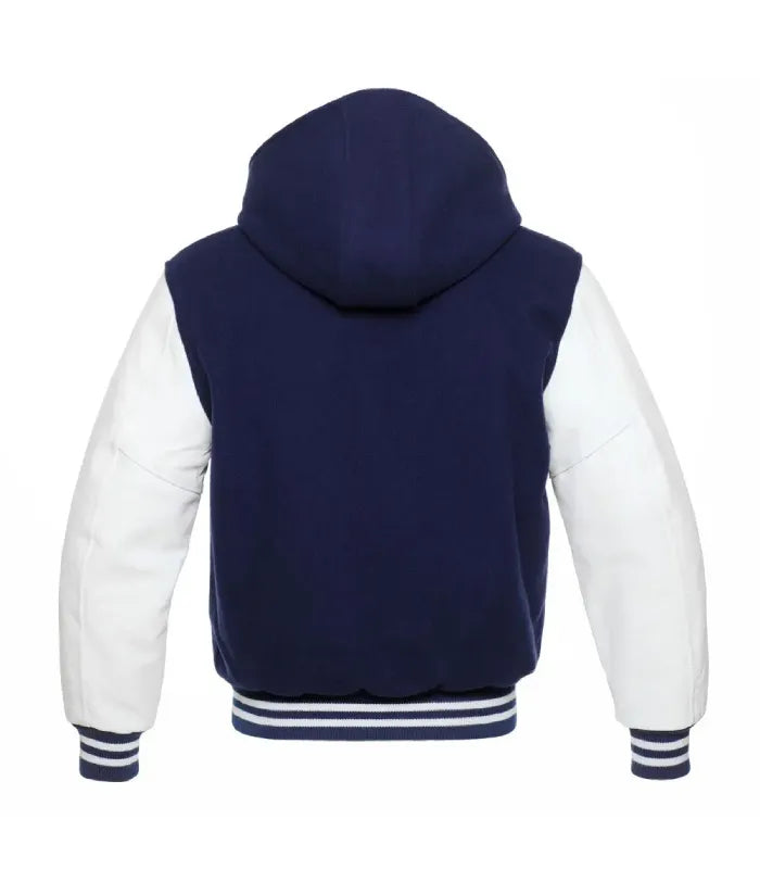 Full rear view of navy wool body featuring an attached hood, contrast white leather sleeves, and striped hem.