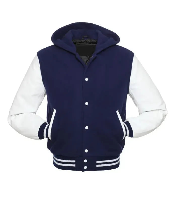 Front profile showing white leather pocket trim, white snap buttons, attached hood, and navy wool body.