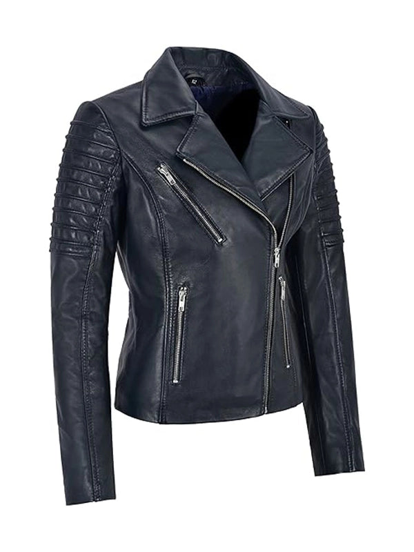 Womens Navy Leather Biker Jacket
