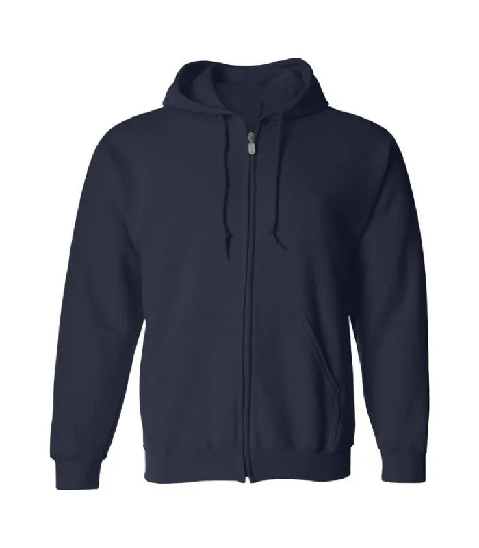 Front view of navy zipper hoodie featuring a full zipper closure, matching drawstrings, split kangaroo pockets, and ribbed cuffs.